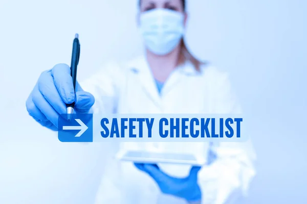 Conceptual caption Safety Checklist. Palabra Escrito en la lista de elementos que necesita para verificar, comprobar o inspeccionar Demostración de la Tecnología Médica Presentando Nuevo Descubrimiento Científico —  Fotos de Stock