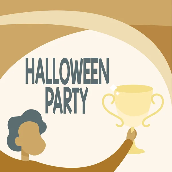 Conceptual caption Halloween Party. Business approach eve of the Western Christian feast of All Hallows Day Man Holding Trophy Cup Up High Celebrating Victory Achievement. — Stock Photo, Image