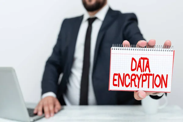 Hand writing sign Data Encryption. Concept meaning Symmetrickey algorithm for the encrypting electronic data Remote Office Work Online Presenting Business Plan And Designs — Stock Photo, Image