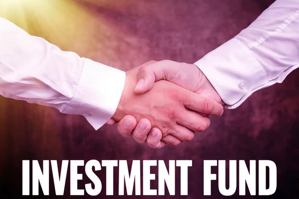 Handwriting text Investment Fund. Business concept A supply of capital belonging to numerous investors Two Professional Well-Dressed Corporate Businessmen Handshake Indoors — Stock Photo, Image