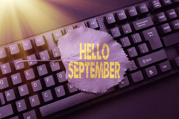 Señal que muestra Hello September. Concepto de negocio Deseando ansiosamente una cálida bienvenida al mes de septiembre Resumen Escribiendo Cartas de Invitación en Línea, Fijando el Programa de Procesamiento de Palabras —  Fotos de Stock