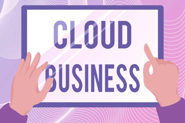 Konceptvisning Cloud Business. Business overview computing that relies on shared computing resources Hands Illustration Holding Drawing On Tablet Scree Visar information. — Stockfoto