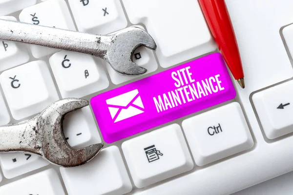 Handwriting text Site Maintenance. Business overview keeping the website secure updated running and bugfree Typing And Publishing Descriptions Online, Writing Informative Data — Stock Photo, Image