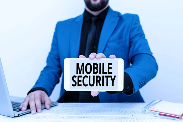 Segno di scrittura a mano Mobile Security. Parola scritta sulla protezione del telefono cellulare da minacce e vulnerabilità Tech Guru vendita di dispositivi di recente sviluppo, insegnante Confisca il telefono — Foto Stock