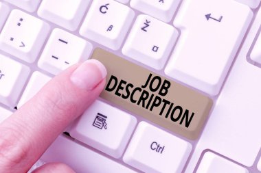 Görev Açıklamasını sunan metin başlığı. İş Konsepti: Bir pozisyon Daktilocusu Şirket Belgeleri Oluşturma, Soyut Hızlı Yazma Fikirleri Sorumluluklarını anlatan bir belge