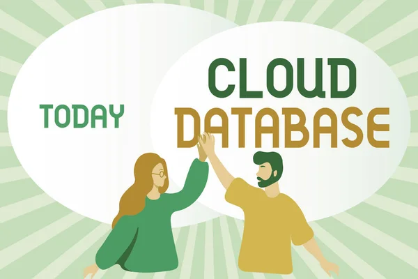 Writing displaying text Cloud Database. Word Written on optimized or built for a virtualized computing environment Happy Colleagues Illustration Giving High Fives To Each Other.