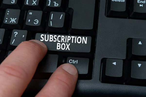 Conceptual caption Subscription Box. Concept meaning button if you clicked on will get news or videos about site Hands Pointing Pressing Computer Keyboard Keys Typewriting New Ideas.