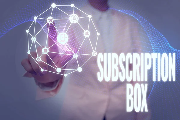 Text caption presenting Subscription Box. Business concept button if you clicked on will get news or videos about site Lady In Uniform Holding Tablet In Hand Virtually Tapping Futuristic Tech.