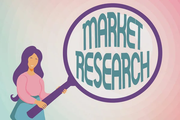 Merkki näyttää Market Research. Sana toimia kerätä tietoa kuluttajista Abstrakti tutkimus ja löytäminen vihjeitä, etsiminen vastauksia Käsitteet — kuvapankkivalokuva