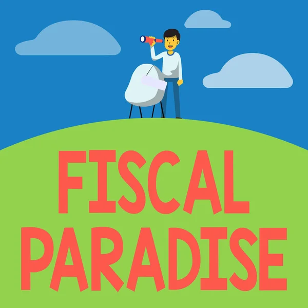 Didascalia concettuale Paradiso fiscale. Business overview Tassa sullo sviluppo Tassi di tassazione per gli investitori stranieri Man Binoculars Illustrazione Sedia permanente con segno Opportunità di ricerca. — Foto Stock