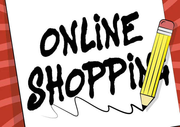 Kézírás szöveg Online vásárlás. Az üzleti áttekintés lehetővé teszi a fogyasztók számára, hogy vásárolni az áruk az interneten ceruza Rajz tetején papír firka rajz vonal. — Stock Fotó