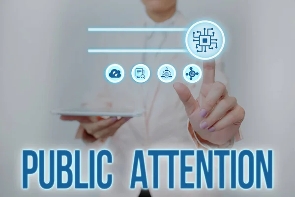 Inspiration showing sign Public Attention. Business overview the attention or focus of the general public to a person Lady Holding Tablet Pressing On Virtual Button Showing Futuristic Tech. — Stock Photo, Image