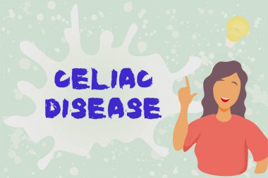 El yazısı işareti Celiac Hastalığı. İş konsepti otoimmün bozukluk öncelikle ince bağırsak Bayan Illustration Discovery Yeni Fikir Lambası Konuşma Köpüğüyle.