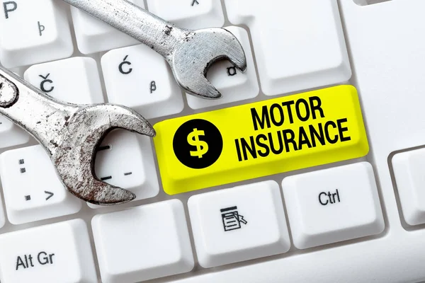 Conceptual caption Motor Insurance. Word for Provides financial compensation to cover any injuries Typing Firewall Program Codes, Typewriting Rules And Regulations Book — Stock Photo, Image