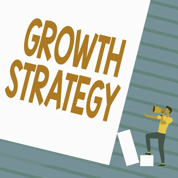 Text caption presenting Growth Strategy. Conceptual photo The method a company uses to expand its business or market Man Standing Drawing Holding Megaphone Pointing Blank Wall. — Stock Photo, Image