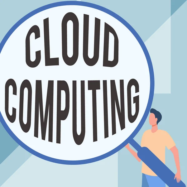 Texto que muestra inspiración Cloud Computing. Palabra para usar una red de servidores remotos alojados en Internet Gentleman Drawing Standing Holding Large Magnifying. — Foto de Stock