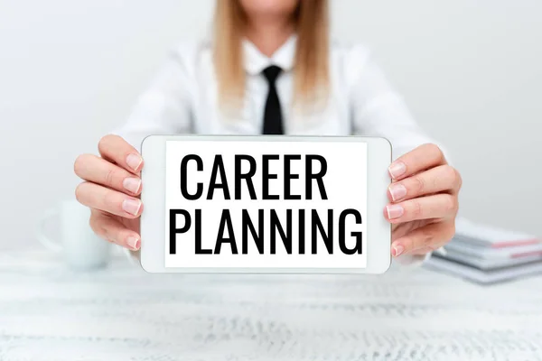 Inspiration showing sign Career Planning. Word for A list of goals and the actions you can take to achieve them App Developer Presenting New Program, Displaying Upgraded Device — Stock Photo, Image