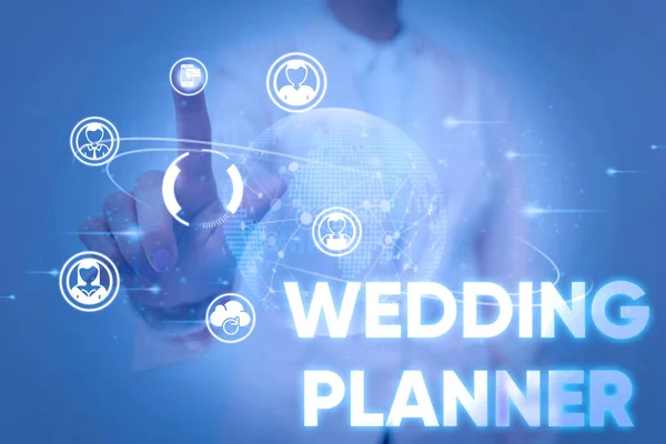 Writing displaying text Wedding Planner. Word for someone who plans and organizes weddings as a profession Lady In Uniform Holding Tablet In Hand Virtually Tapping Futuristic Tech. — Stock Photo, Image