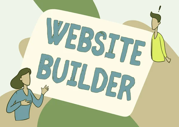 Schilder, die den Website Builder anzeigen. Geschäftsansatz Konstruktion von Webseiten ohne manuelle Codebearbeitung Lady Illustration im Sondierungsgespräch mit ihrem Kollegen. — Stockfoto