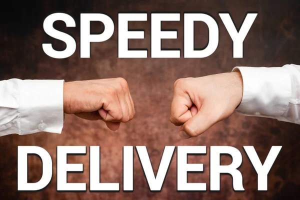Text sign showing Speedy Delivery. Word for provide products in fast way or same day shipping overseas Two Professional Well-Dressed Corporate Businessmen Handshake Indoors — Stock Photo, Image