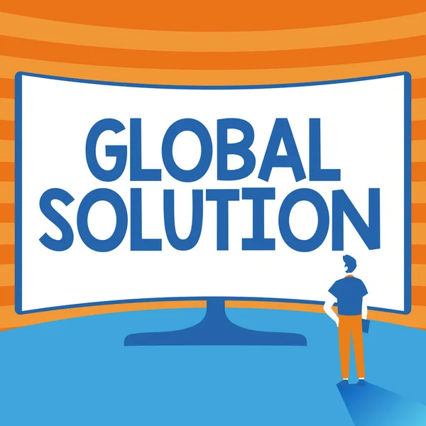 Didascalia di testo che presenta la soluzione globale. Business concept affrontare una situazione difficile che può aiutare i paesi Man Standing Illustration Standing Infront Of Huge Display Screen. — Foto Stock