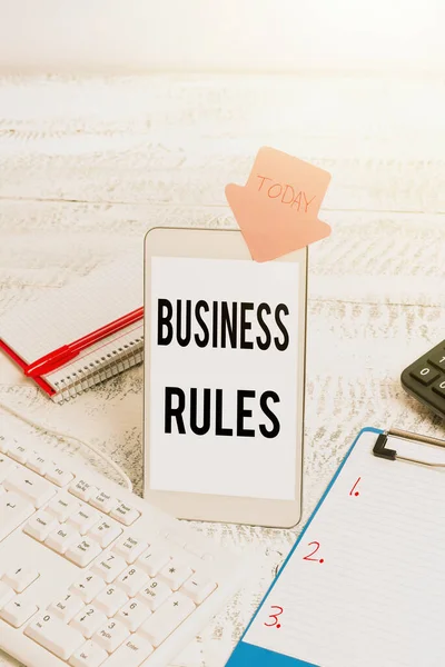 Sign displaying Business Rules. Concept meaning a specific directive that constrains or defines a business Typing New Ideas Business Planning Idea Voice And Video Calls — Stock Photo, Image