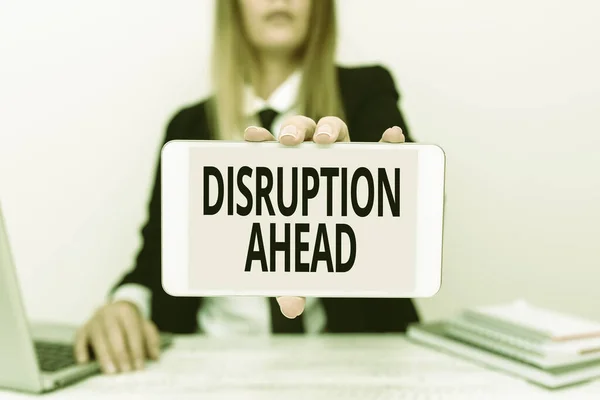 Legenda conceitual Disruption Ahead. Conceito significado Transformação que é causada pela tecnologia emergente Instrutor Ensinando diferentes habilidades, Professor explicando novos métodos — Fotografia de Stock