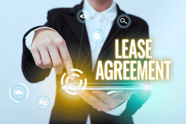 Conceptual display Lease Agreement. Business approach Contract on the terms to one party agrees rent property Lady In Suit Pointing On Tablet Showing Futuristic Graphic Interface. — Stock Photo, Image