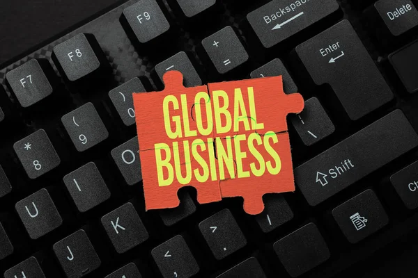 Bildunterschrift: Global Business. Geschäftsansatz Handel und Geschäftssystem eines Unternehmens auf der ganzen Welt Rückgabe alter Arbeitsblattdaten, Abstract Typing Online Reservierungslisten — Stockfoto