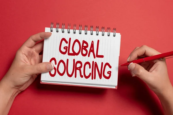 Az ihletet adó szöveg Global Sourcing. Üzleti áttekintő gyakorlat beszerzés a globális árupiacon Írás Új ötletek üzenetek és információk rögzítése — Stock Fotó