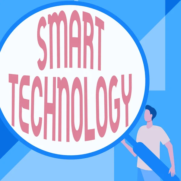 Smart Technology metni yazılıyor. Sabit disklerdeki hataları önlemek ve korumak için iş genel görünümü Centilmen Çizim Bekleme Büyük Büyüteci. — Stok fotoğraf