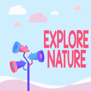 İlham, doğayı keşfetme işaretini gösteriyor. Kırsal kesimde keşfedilen kavramsal fotoğraf Vahşi Yaşam Seyahat Kutbu Megafonlarının tadını çıkarıyor Açık Alan 'a Açıklama Yapan Çizimler.