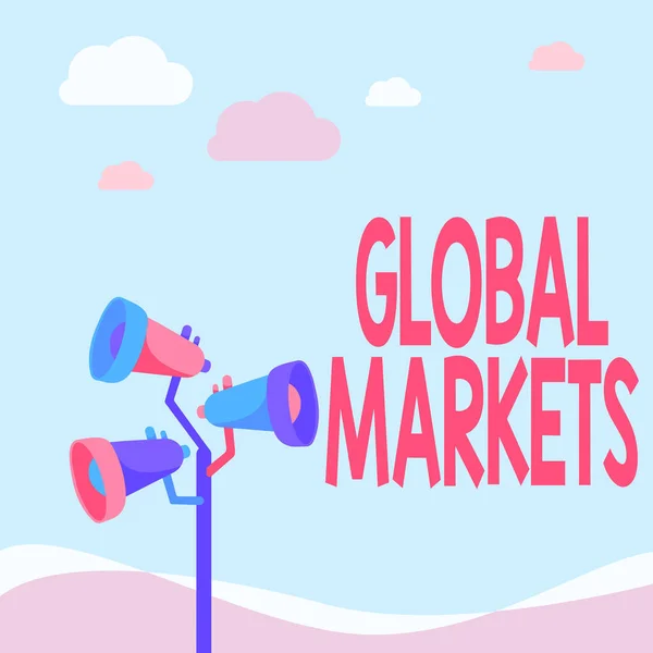 글로벌 마켓 (Global Markets) 은 다음을 가리킨다. 세계의 모든 나라에 있는 상품 과 용역을 거래하는 사업에 접근하고 있는 극점 메가 폰 드로잉 이 공개 우주를 향해 발표하다. — 스톡 사진