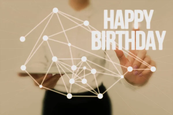 Sign displaying Happy Birthday. Conceptual photo The birth anniversary of a person is celebrated with presents Lady Holding Tablet Pressing On Virtual Button Showing Futuristic Tech. — Stock Photo, Image