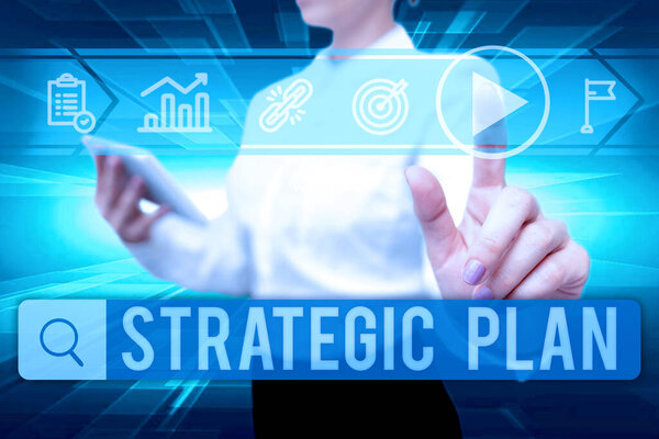 Inspiration showing sign Strategic Plan. Business approach A process of defining strategy and making decisions Lady In Uniform Standing Hold Phone Virtual Press Button Futuristic Tech.
