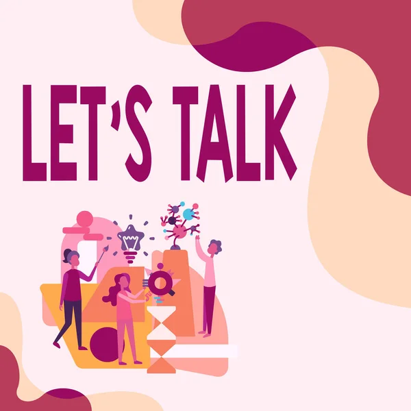 Tekenen tonen Let S Talk. Bedrijfsconcept ze suggereren begin gesprek over specifiek onderwerp Drie Collages Illustratie Praktijk Hand Ambachten Samen. — Stockfoto