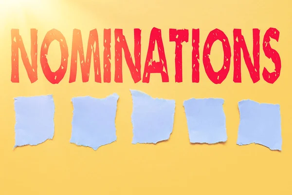Texto que muestra inspiración Nominaciones. Palabra para la acción de nominar o de ser nominado para el premio Pensamiento Crítico Encontrar Pistas Responder Preguntas Recopilar Datos — Foto de Stock