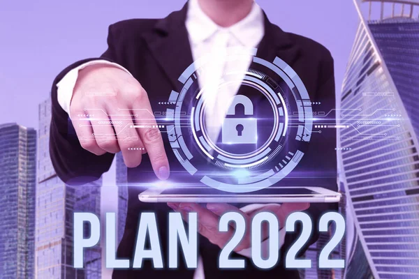 Text sign showing Plan 2022. Word for detailed proposal for doing or achieving something next year Hand Pressing Screen Of Mobile Phone Showing The Futuristic Technology. — Stock Photo, Image