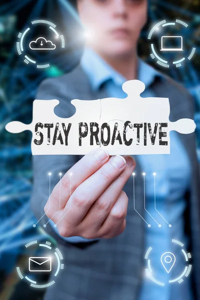 Handwriting text Stay Proactive. Business concept Taking own decision to go ahead of anticipated events Business Woman Holding Jigsaw Puzzle Piece Unlocking New Futuristic Tech. — Stock Photo, Image