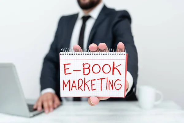 Tekst bijschrift presenteren E Book Marketing. Conceptuele foto digitaal bestand dat kan worden gebruikt op elke compatibele computer Remote Office Work Online Presenteren Business Plan En Designs — Stockfoto