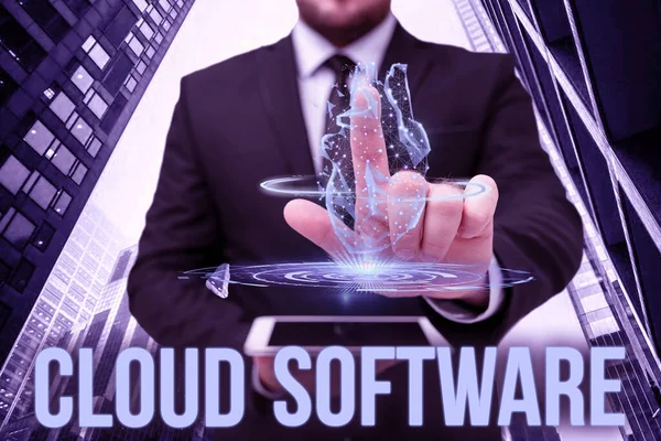 Concettuale didascalia Cloud Software. Concetto che significa programmi utilizzati nella memorizzazione di accesso ai dati su Internet mano touch screen del telefono cellulare in ufficio mostra la tecnologia futuristica. — Foto Stock