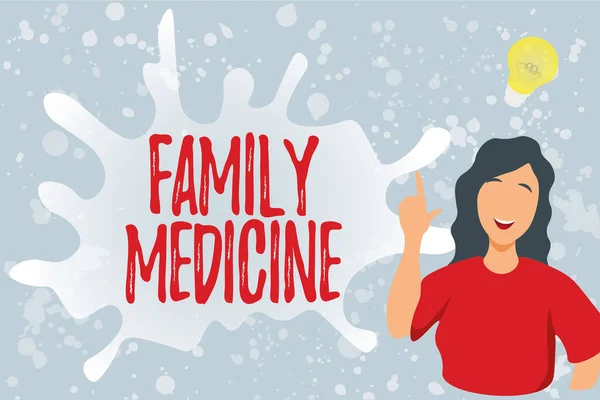 Fogalmi felirat: Family Medicine. Üzleti áttekintés célja, hogy alapvető egészségügyi ellátást a családtagok Lady Illusztráció felfedezés Új ötlet lámpa Beszédbuborék. — Stock Fotó