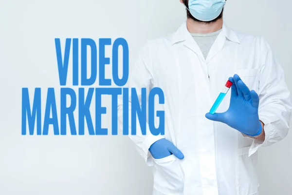 Sign displaying Video Marketing. Business approach integrates engaging video into the marketing campaigns Doctor Analyzing New Medicine, Scientist Presenting Medical Research