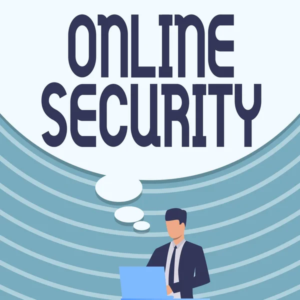 Text showing inspiration Online Security. Word for rules to protect against attacks over the Internet Businessman In Suit Drawing Using Laptop With Large Idea Bubble. — Stock Photo, Image