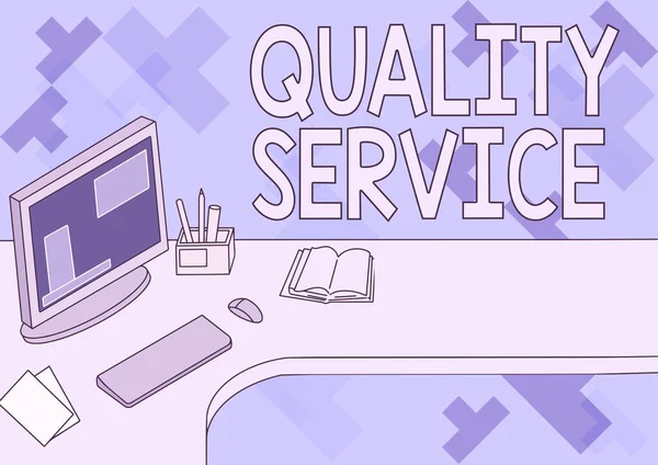 Texto que muestra inspiración Quality Service. Enfoque empresarial cómo el servicio bien entregado se ajusta a las expectativas de los clientesEscritorio de oficina con soporte para bolígrafo de computadora y portátil abierto en blanco. —  Fotos de Stock