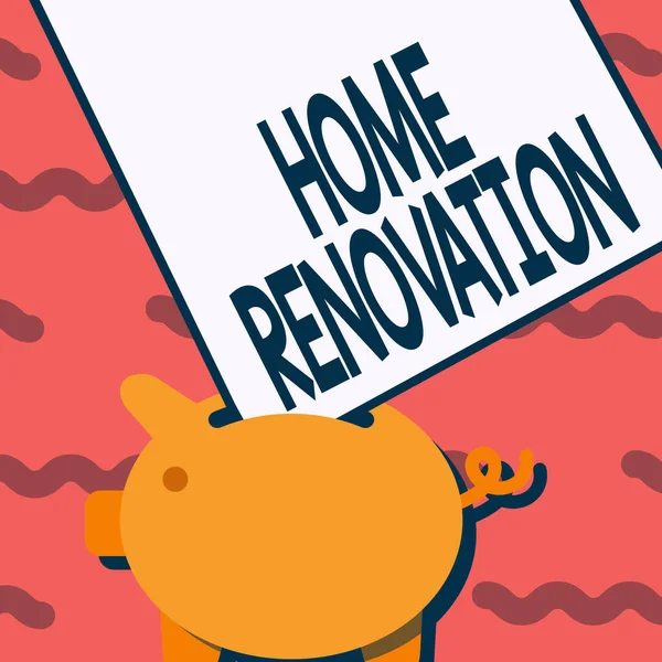 Schild mit der Aufschrift Home Renovation. Internet Konzept Prozess der Renovierung oder Ergänzungen zu einem s ist zu Hause Sparschwein Zeichnung mit großen Blatt Papier stecken in das Loch. — Stockfoto