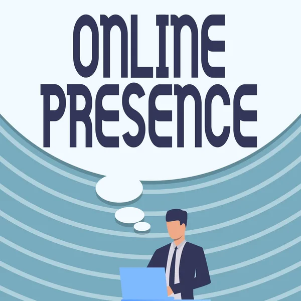 Conceptual display Online Presence. Business idea existence of someone that can be found via an online search Businessman In Suit Drawing Using Laptop With Large Idea Bubble.