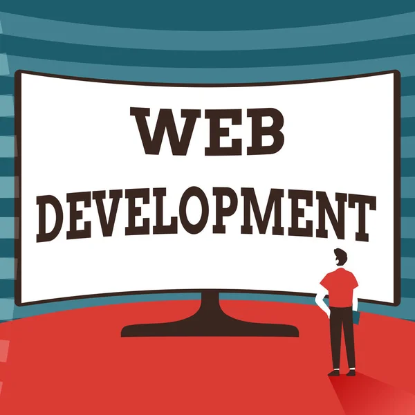 Znak tekstowy pokazujący Web Development. Przegląd biznesowy dotyczący tworzenia stron internetowych dla hostingu za pośrednictwem intranetu Man Standing Illustration Standing Infront Of Huge Display Screen. — Zdjęcie stockowe