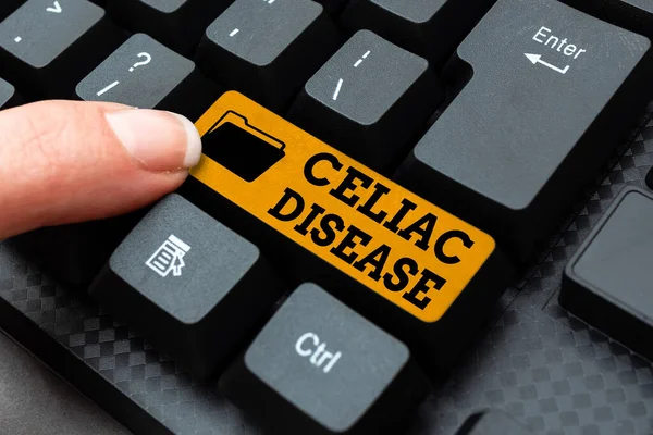 Writing displaying text Celiac Disease. Concept meaning autoimmune disorder that primarily affects small intestine Typing New Edition Of Informational Ebook, Creating Fresh Website Content