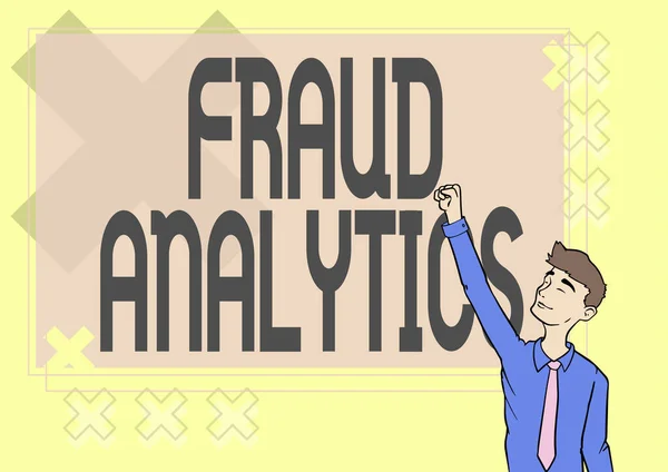 Tekenen met Fraud Analytics. Word Written on identification of actual or expected fraud to place Happy Man Illustration Standing Infront Board Raising Hands For Sucess. — Stockfoto